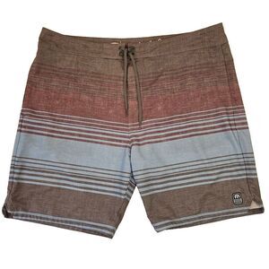 Travis Mathew Men's Size 42‎ Striped Board Shorts Gray Blue Burgundy Swim Beach